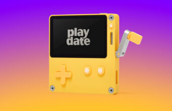 Panic Issues Playdate Tariff Refund To Customers A yellow Playdate handheld game console with its crank on a purple-to-orange gradient background