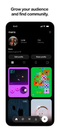 Pocket profile grid with playable gizmos, follower counts, and a create button