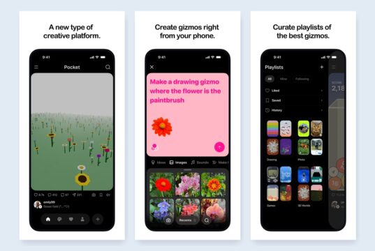 Three Meta Pocket App Store stills showing a gizmo feed, a prompt editor, and playlists