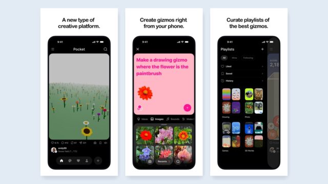 pocket-us-featured Three Meta Pocket App Store stills showing a gizmo feed, a prompt editor, and playlists