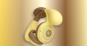 Razer Pompompurin headset full product view with floppy puppy ears on a yellow editorial background