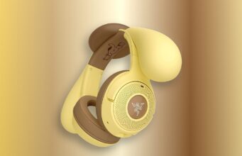 Razer Pompompurin Headset Heads to Target This Fall Razer Pompompurin headset full product view with floppy puppy ears on a yellow editorial background