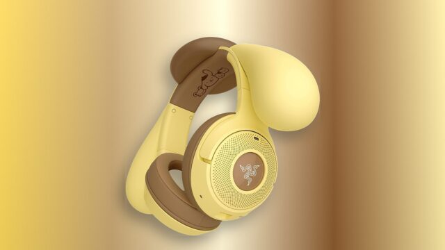 razer-pompompurin-headset-mjherodeals Razer Pompompurin headset full product view with floppy puppy ears on a yellow editorial background