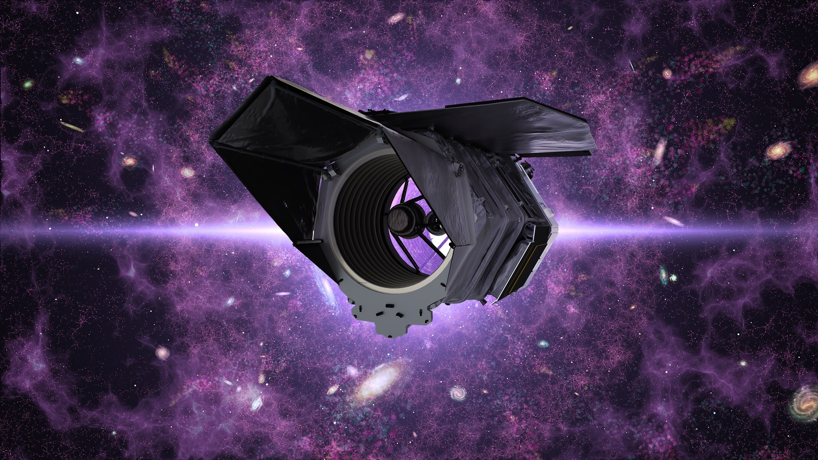 NASA illustration of the Nancy Grace Roman Space Telescope against a purple cosmic background