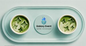 Samsung Galaxy Event August 2026: August 27 Date Official Samsung invitation graphic for Galaxy Event on Aug. 27, 2026, with two matcha lattes on a mint tray beside a Galaxy Event logo coaster.
