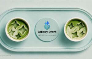 Samsung Galaxy Event August 2026: August 27 Date Official Samsung invitation graphic for Galaxy Event on Aug. 27, 2026, with two matcha lattes on a mint tray beside a Galaxy Event logo coaster.