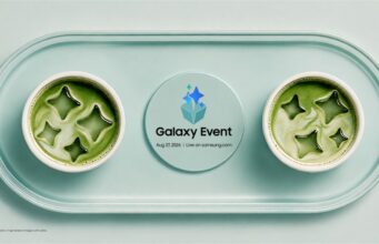 Samsung Galaxy Event August 2026: August 27 Date Official Samsung invitation graphic for Galaxy Event on Aug. 27, 2026, with two matcha lattes on a mint tray beside a Galaxy Event logo coaster.