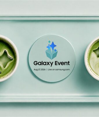 Samsung Galaxy Event August 2026: August 27 Date Official Samsung invitation graphic for Galaxy Event on Aug. 27, 2026, with two matcha lattes on a mint tray beside a Galaxy Event logo coaster.