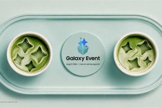 Official Samsung invitation graphic for Galaxy Event on Aug. 27, 2026, with two matcha lattes on a mint tray beside a Galaxy Event logo coaster.