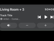 Sonos Live Activities lock screen widget showing Living Room playback, skip, play, mute, and volume