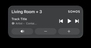 Sonos Live Activities lock screen widget showing Living Room playback, skip, play, mute, and volume