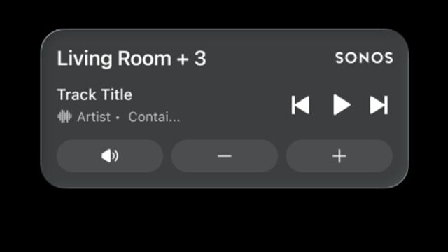 sonos-live-activities-iphone-lock-screen Sonos Live Activities lock screen widget showing Living Room playback, skip, play, mute, and volume
