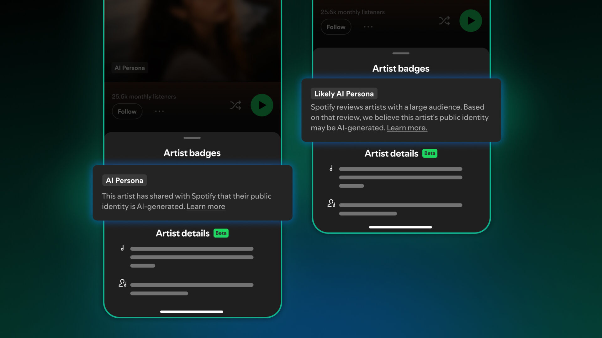 Spotify AI Persona badge shown on an artist profile UI mockup