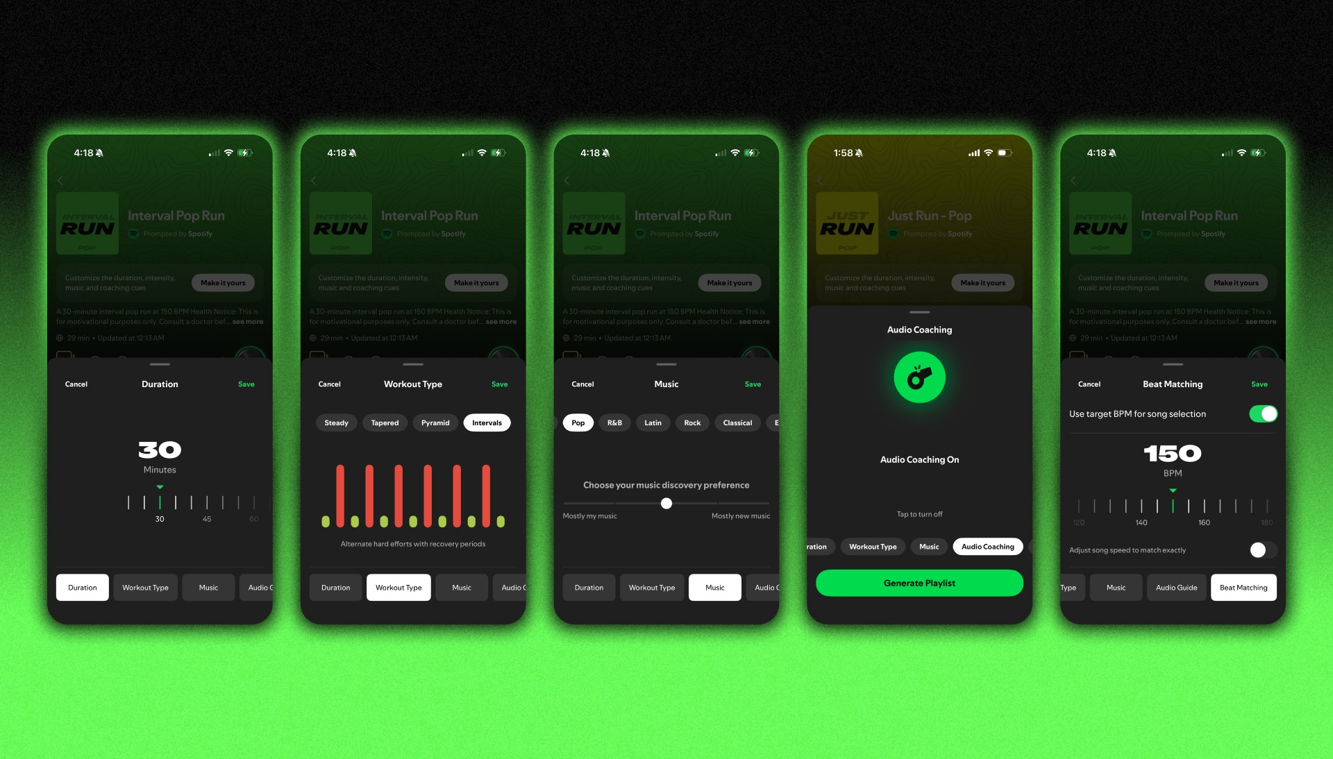 Spotify Running Mode screens for duration, workout type, music taste, audio coaching, and beat matching