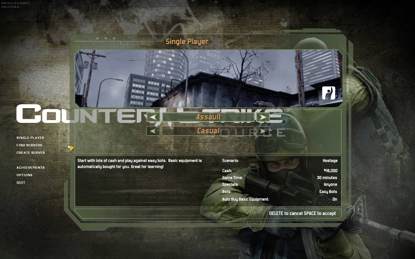 Early Counter-Strike Source menu from a Steam2 CS:GO build dated 2010