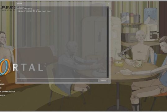 Portal 2 July 2009 menu with Aperture art and a developer console overlay from the Steam2 leak