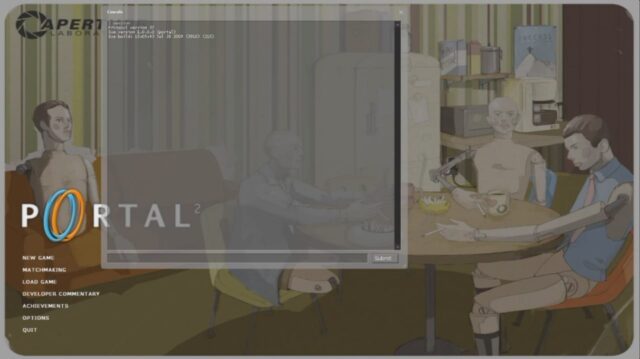 Portal 2 July 2009 menu with Aperture art and a developer console overlay from the Steam2 leak