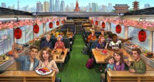 Sushi Bus Brings Conveyor Sushi to a Tokyo Tour Illustrated daytime cabin of the Sushi Bus with a sushi conveyor, lanterns, and a Tokyo skyline