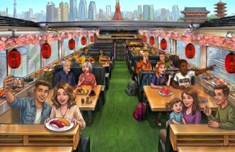 Sushi Bus Brings Conveyor Sushi to a Tokyo Tour Illustrated daytime cabin of the Sushi Bus with a sushi conveyor, lanterns, and a Tokyo skyline