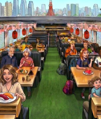 Sushi Bus Brings Conveyor Sushi to a Tokyo Tour Illustrated daytime cabin of the Sushi Bus with a sushi conveyor, lanterns, and a Tokyo skyline