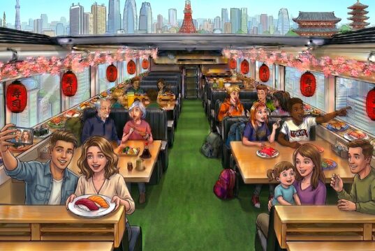 Illustrated daytime cabin of the Sushi Bus with a sushi conveyor, lanterns, and a Tokyo skyline