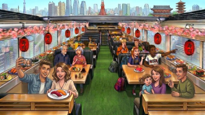 Sushi Bus Brings Conveyor Sushi to a Tokyo Tour Illustrated daytime cabin of the Sushi Bus with a sushi conveyor, lanterns, and a Tokyo skyline