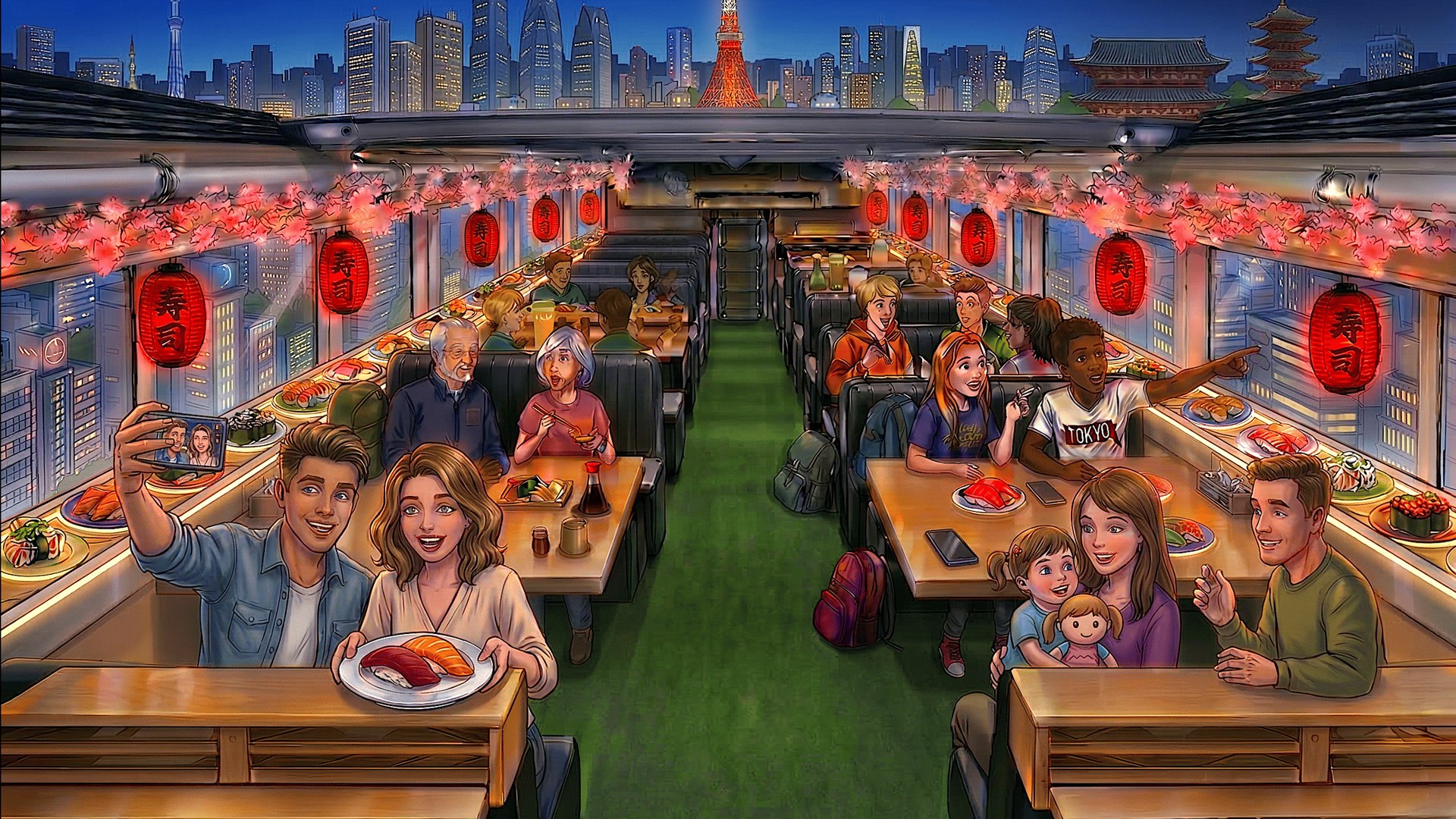 Night concept art of the Sushi Bus upper deck with lanterns, a sushi conveyor, and a lit Tokyo skyline