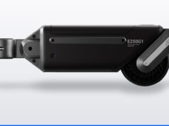 ASUS Oxiis E250G1 Intelligent Bike Booster shown in profile with its seatpost clamp and drive roller