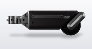 ASUS Oxiis E250G1 Intelligent Bike Booster shown in profile with its seatpost clamp and drive roller