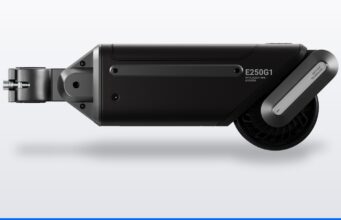 ASUS Oxiis E250G1 Turns Almost Any Bike Into an E-Bike ASUS Oxiis E250G1 Intelligent Bike Booster shown in profile with its seatpost clamp and drive roller
