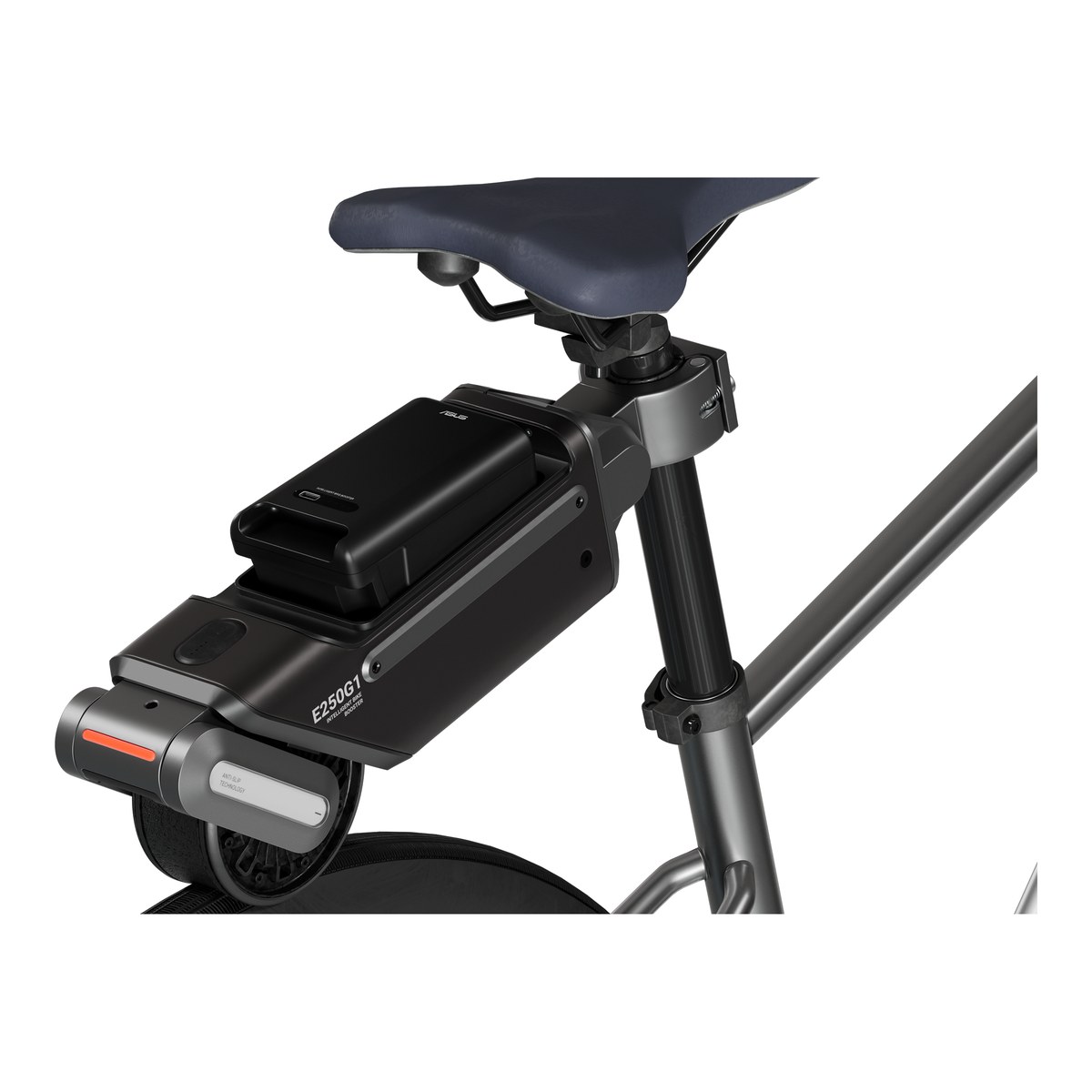 ASUS Oxiis E250G1 mounted on a bicycle seatpost above the rear wheel