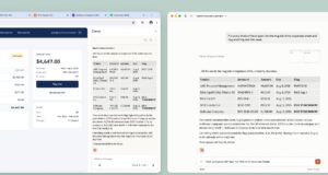 Claude in Chrome side panel summarising open invoices next to the same session continuing in the Claude desktop app