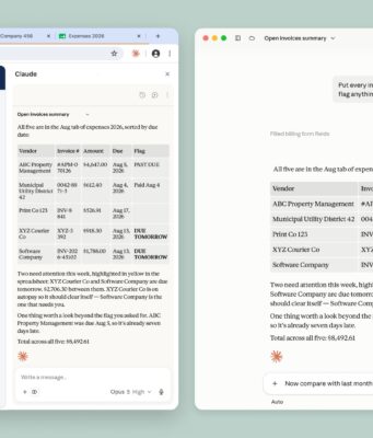 Claude in Chrome Now Carries Your Session to the Desktop Claude in Chrome side panel summarising open invoices next to the same session continuing in the Claude desktop app