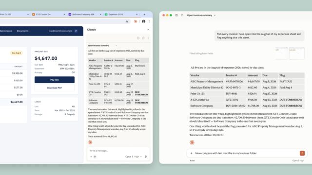 tmm-claude-cowork-chrome-hero Claude in Chrome side panel summarising open invoices next to the same session continuing in the Claude desktop app