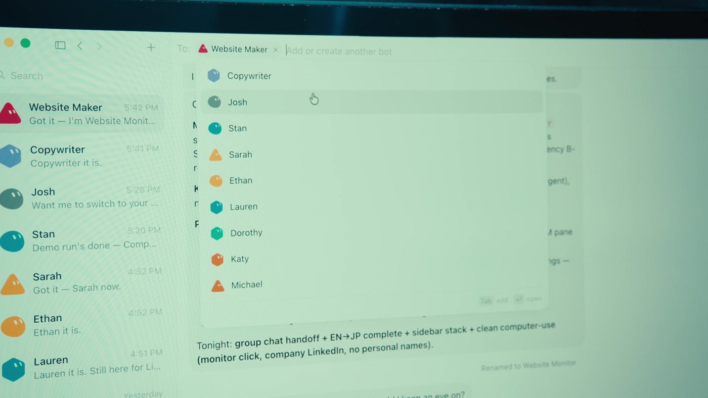 Grok Bot interface showing a roster of named bots and a bot picker for adding another agent to a conversation