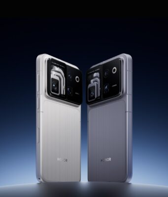 Honor Robot Phone Lifts Its Camera on a Motorised Arm Honor Robot Phone in silver and grey, rear view showing the gimbal camera module