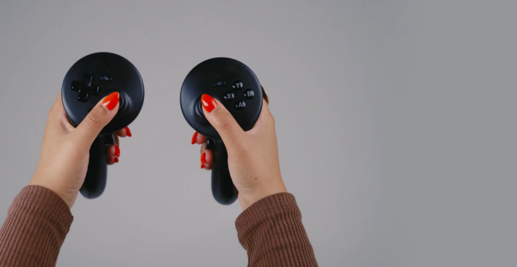 Hands using Steam Frame controllers in Valve's official product imagery