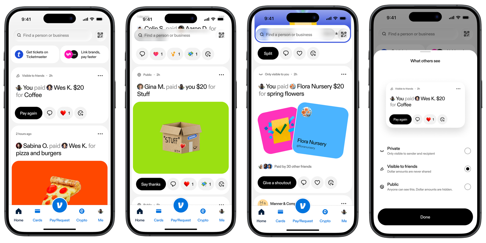 Venmo app screens showing the social payments feed and privacy settings