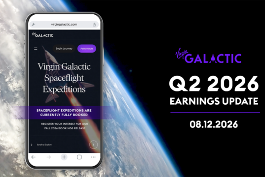 Virgin Galactic Q2 2026 earnings update graphic showing its fully booked spaceflight expeditions page