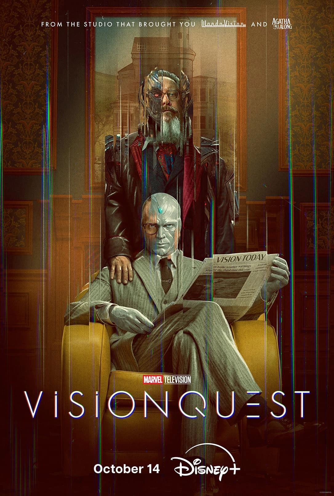 Official VisionQuest poster of Vision in a yellow chair with Ultron standing behind him