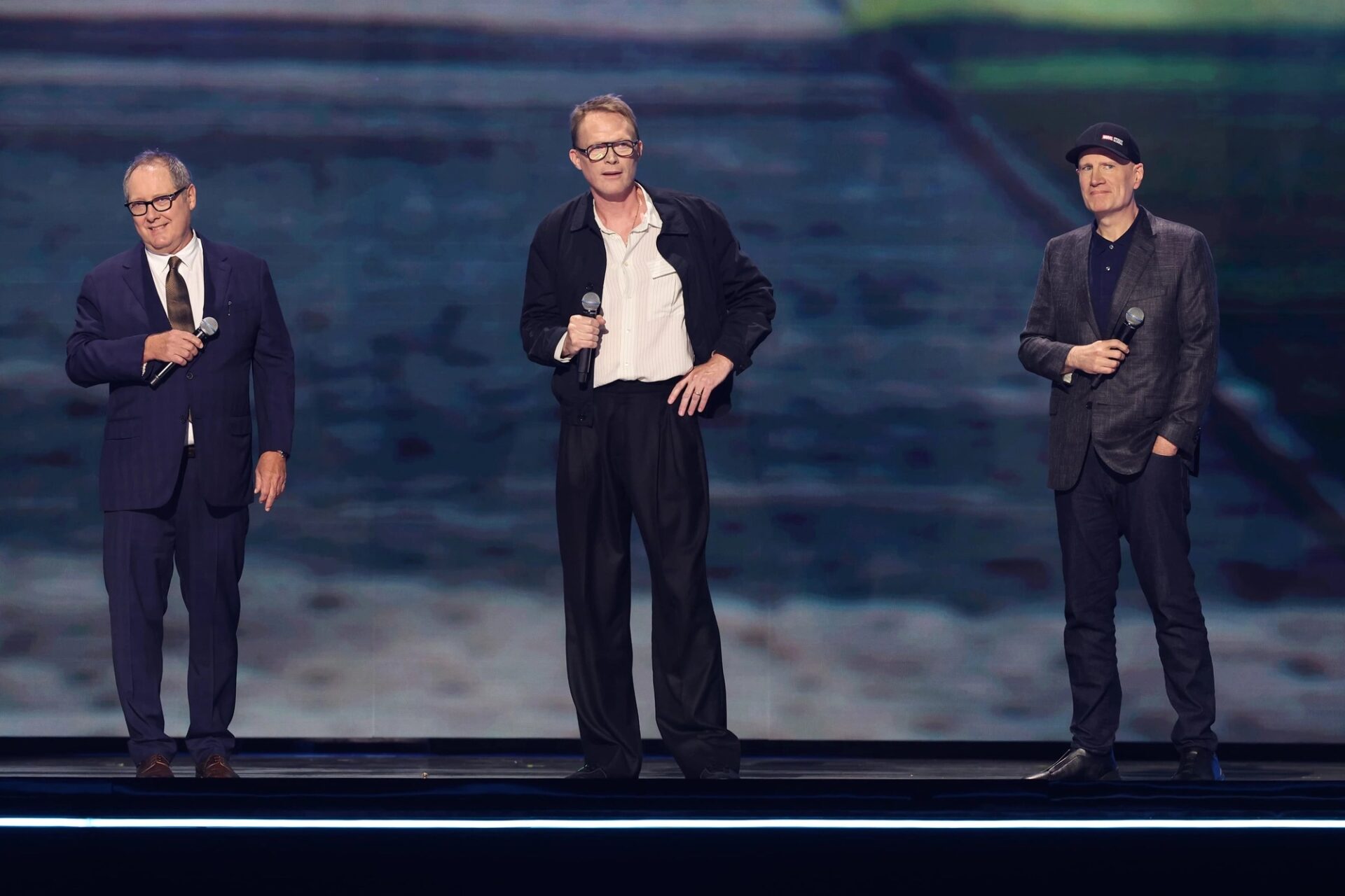 James Spader, Paul Bettany, and Kevin Feige on the D23 stage for VisionQuest