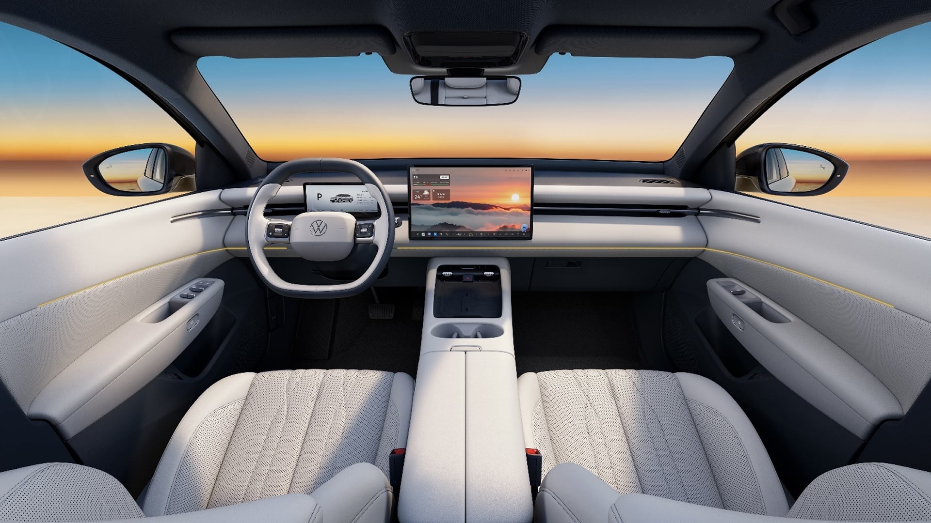 Volkswagen ID. Era 5S interior cabin with touchscreen and dual-spoke wheel