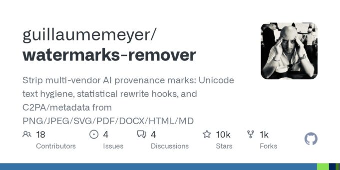 watermarks-remover GitHub Tool Strips AI Provenance Marks Official GitHub social card for guillaumemeyer/watermarks-remover