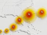 WeatherNext cyclone AI stylized forecast map showing storm track and intensity rings over the southeastern United States