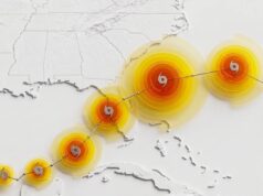 WeatherNext cyclone AI stylized forecast map showing storm track and intensity rings over the southeastern United States