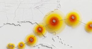 WeatherNext cyclone AI stylized forecast map showing storm track and intensity rings over the southeastern United States