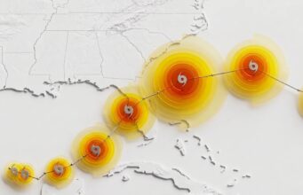 WeatherNext Cyclone AI Open Sourced for Earlier Hurricane Warnings WeatherNext cyclone AI stylized forecast map showing storm track and intensity rings over the southeastern United States