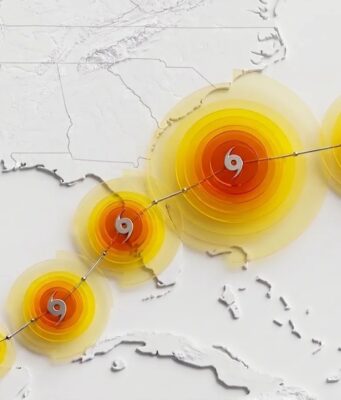 WeatherNext Cyclone AI Open Sourced for Earlier Hurricane Warnings WeatherNext cyclone AI stylized forecast map showing storm track and intensity rings over the southeastern United States