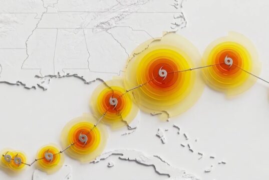 WeatherNext cyclone AI stylized forecast map showing storm track and intensity rings over the southeastern United States