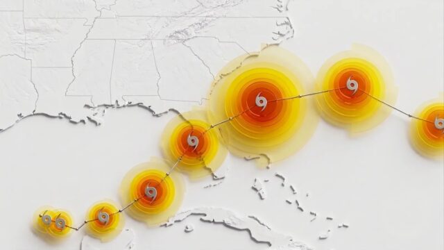 WeatherNext cyclone AI stylized forecast map showing storm track and intensity rings over the southeastern United States